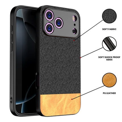 Kapa Soft Fabric & Leather Hybrid Protective Back Cover for Apple iPhone 17 Pro | Shockproof Slim Hard Anti Slip Back Case (Black,Brown)