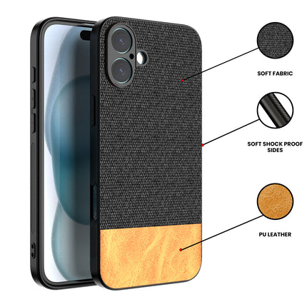 Kapa Soft Fabric & Leather Hybrid Protective Back Cover for Apple iPhone 16 Plus | Shockproof Slim Hard Anti Slip Back Case (Black,Brown)
