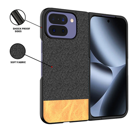 Kapa Soft Fabric & Leather Hybrid Protective Back Cover for Google Pixel 10 PRO FOLD | Shockproof Slim Hard Anti Slip Back Case (Black,Brown) - Mobizang