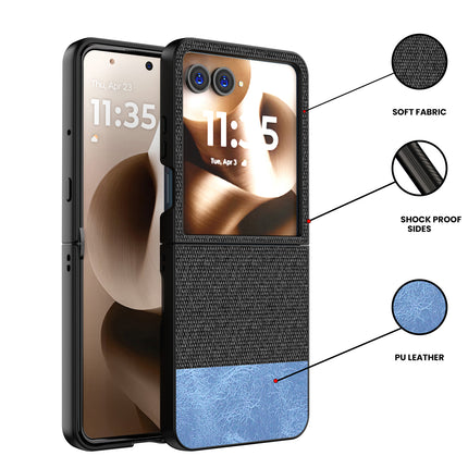 Kapa Soft Fabric & Leather Hybrid Protective Back Cover for Moto Razr 60 Ultra | Shockproof Slim Hard Anti Slip Back Case (Black,Blue)