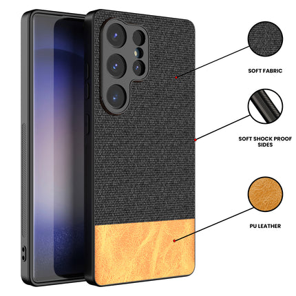 Kapa Soft Fabric & Leather Hybrid Protective Back Cover for Samsung Galaxy S25 Ultra | Shockproof Slim Hard Anti Slip Back Case (Black,Brown)