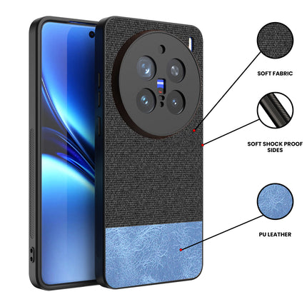 Kapa Soft Fabric & Leather Hybrid Protective Back Cover for Vivo X200 Pro (5G) | Shockproof Slim Hard Anti Slip Back Case (Black,Blue) - Mobizang