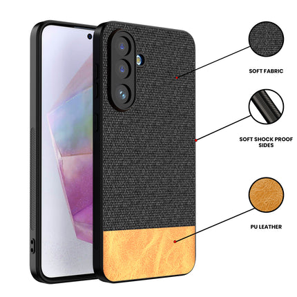Kapa Soft Fabric & Leather Hybrid Protective Back Cover for Samsung Galaxy M56 | Shockproof Slim Hard Anti Slip Back Case (Black,Brown) - Mobizang