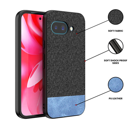 Kapa Soft Fabric & Leather Hybrid Protective Back Cover for Google Pixel 9A | Shockproof Slim Hard Anti Slip Back Case (Black,Blue)