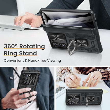 Kapa Ring Armor Slider Back Cover for Z Fold 6 | with Hinge Protection, Screen Protector, Built-in Kickstand, Slide Camera Cover, Full Body Protective Case for Samsung Fold 5 (Black)…