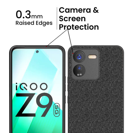 Kapa Soft Fabric & Leather Hybrid Protective Back Cover for IQOO Z9 | Shockproof Slim Hard Anti Slip Back Case (Black,Blue)
