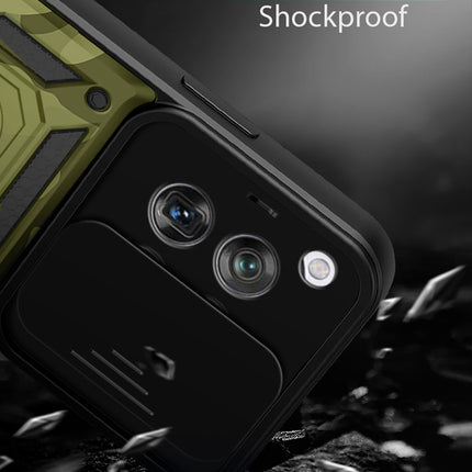 Kapa Tank Back Cover for OnePlus 12R | Inbuilt Ring + Slider Shockproof Lens Protection Bumper Back Case (Green) - Mobizang
