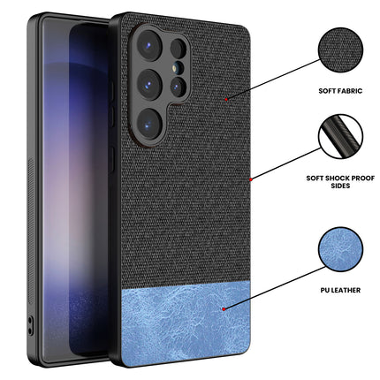 Kapa Soft Fabric & Leather Hybrid Protective Back Cover for Samsung Galaxy S25 Ultra | Shockproof Slim Hard Anti Slip Back Case (Black,Blue)