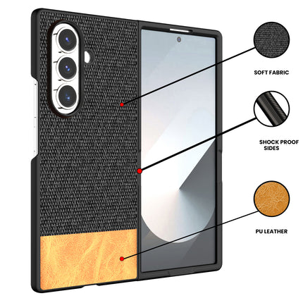 Kapa Soft Fabric & Leather Hybrid Protective Back Cover for Samsung Galaxy Z Fold 7 | Shockproof Slim Hard Anti Slip Back Case (Black,Brown) - Mobizang