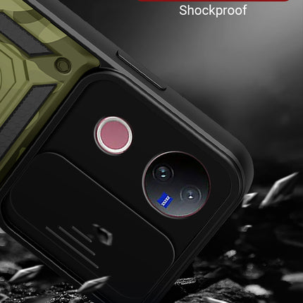 Kapa Tank Back Cover for Vivo V50 / V50E 5G | Inbuilt Ring + Slider Shockproof Lens Protection Bumper Back Case (Green)