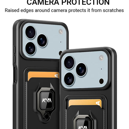 Kapa Bisen Back Cover for Apple iPhone 17 Pro Max | Inbuilt Camera Slider Ring Stand and Card Pocket Shockproof Slim Bumper Back Case (Black) - Mobizang