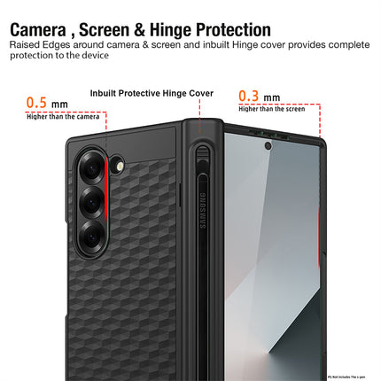 Kapa Geometric S Pen Holder Hinge Protection Back Cover for Samsung Galaxy Z Fold6 / Fold 6 | Slim Shock proof Case with Inbuilt Glass & S Pen Slot (Black)