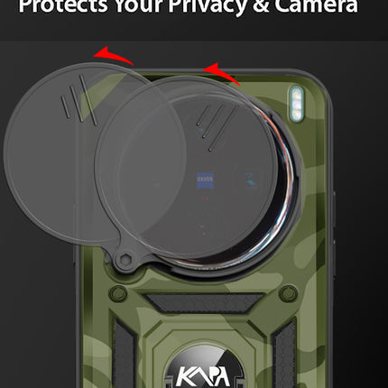 Kapa Tank Back Cover for Vivo X200 Pro (5G) | Inbuilt Ring + Slider Shockproof Lens Protection Bumper Back Case (Green)