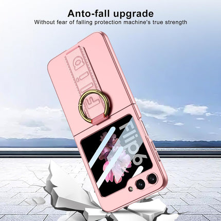 Kapa Shockproof Band Protective Back Cover for Flip6 / Z Flip 6 | Wrist Strap Ring Kickstand Inbuilt Screen Tempered Glass Case (Pink)