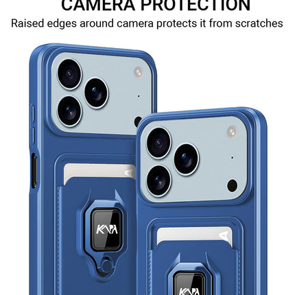 Kapa Bisen Back Cover for Apple iPhone 17 Pro | Inbuilt Camera Slider Ring Stand and Card Pocket Shockproof Slim Bumper Back Case (Blue)