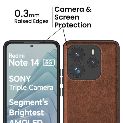 Kapa Tux Leather Back Cover for Redmi Note 14 (5G) | Slim Shockproof Camera Protection Bumper Case (Brown) - Mobizang