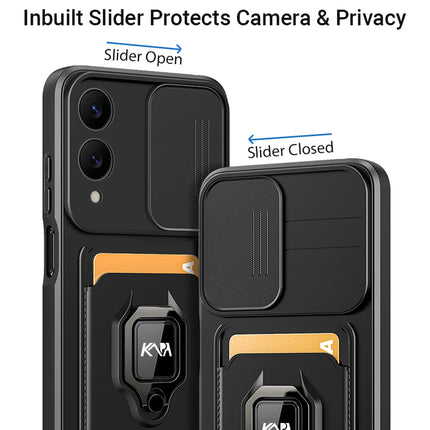 Kapa Bisen Back Cover for Samsung Galaxy S25 Edge | Inbuilt Camera Slider Ring Stand and Card Pocket Shockproof Slim Bumper Back Case (Black)