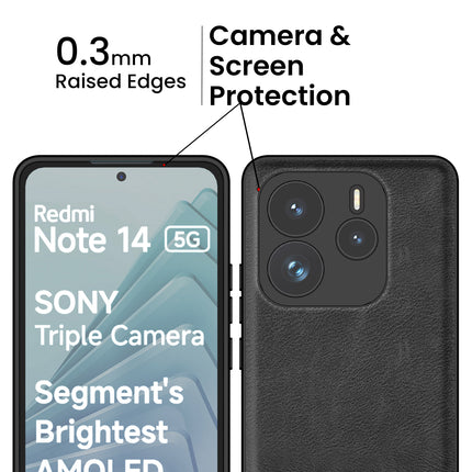 Kapa Tux Leather Back Cover for Redmi Note 14 (5G) | Slim Shockproof Camera Protection Bumper Case (Black)