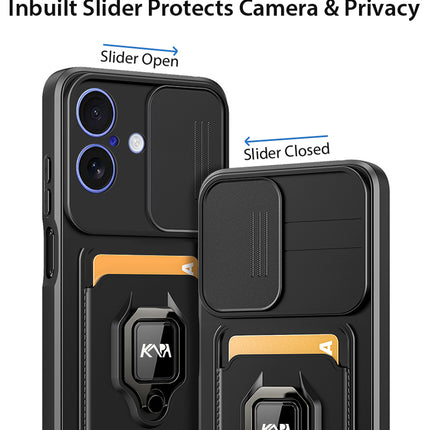 Kapa Bisen Back Cover for Apple iPhone 17 | Inbuilt Camera Slider Ring Stand and Card Pocket Shockproof Slim Bumper Back Case (Black) - Mobizang