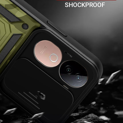 Kapa Tank Back Cover for Vivo V40E / IQOO Z9S | Inbuilt Ring + Slider Shockproof Lens Protection Bumper Back Case (Green)