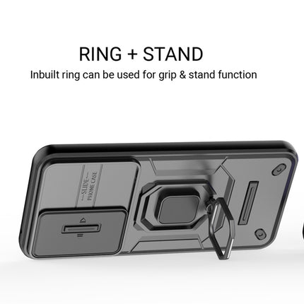Kapa Armor Slider Back Cover for Poco F7 5G | Inbuilt Ring + Camera Slider Shockproof Lens Protection Bumper Back Case (Black)