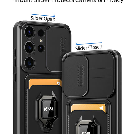 Kapa Bisen Back Cover for Samsung Galaxy S25 Ultra | Inbuilt Camera Slider Ring Stand and Card Pocket Shockproof Slim Bumper Back Case (Black) - Mobizang