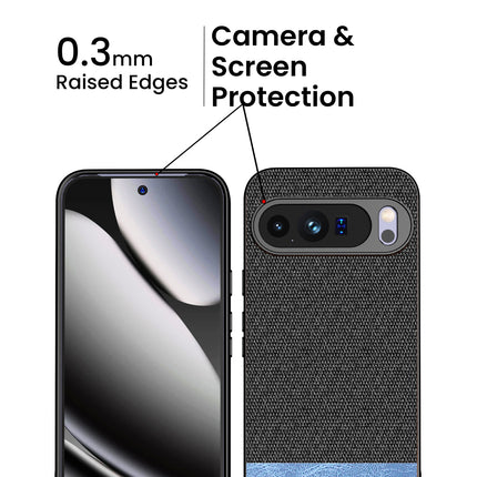 Kapa Soft Fabric & Leather Hybrid Protective Back Cover for Google Pixel 10 Pro XL | Shockproof Slim Hard Anti Slip Back Case (Black,Blue)