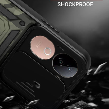 Kapa Tank Back Cover for Vivo V40E / IQOO Z9S | Inbuilt Ring + Slider Shockproof Lens Protection Bumper Back Case (Black)