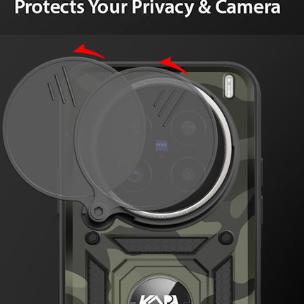Kapa Tank Back Cover for Vivo X200 Pro (5G) | Inbuilt Ring + Slider Shockproof Lens Protection Bumper Back Case (Black)