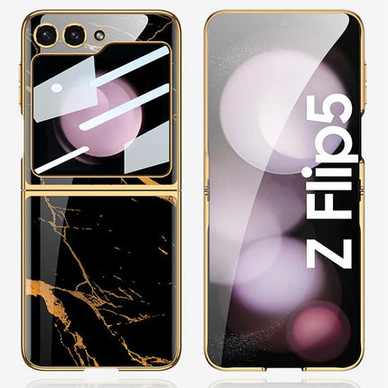 Kapa 9H Glass Back Case for Samsung Galaxy Z Flip5 / Z Flip 5,Ultra Thin Full Body Protection Folding Hard Back Cover, Black Marble
