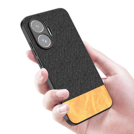 Kapa Soft Fabric & Leather Hybrid Protective Back Cover for Poco F7 5G | Shockproof Slim Hard Anti Slip Back Case (Black,Brown)
