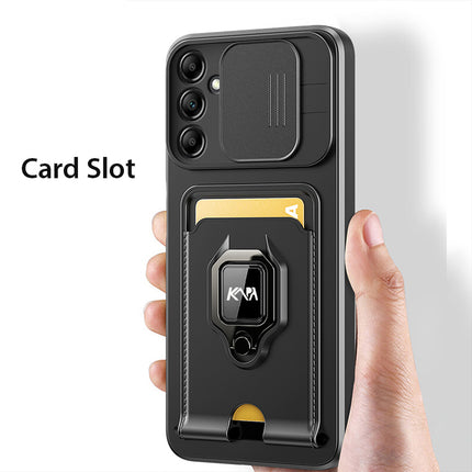 Kapa Bisen Back Cover for Samsung Galaxy A25 (5G) | Inbuilt Camera Slider Ring Stand and Card Pocket Shockproof Slim Bumper Back Case (Black)