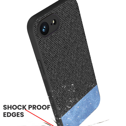 Kapa Soft Fabric & Leather Hybrid Protective Back Cover for Apple iPhone 16E | Shockproof Slim Hard Anti Slip Back Case (Black,Blue)