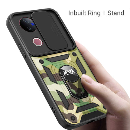 Kapa Tank Back Cover for Vivo V50 / V50E 5G | Inbuilt Ring + Slider Shockproof Lens Protection Bumper Back Case (Green)