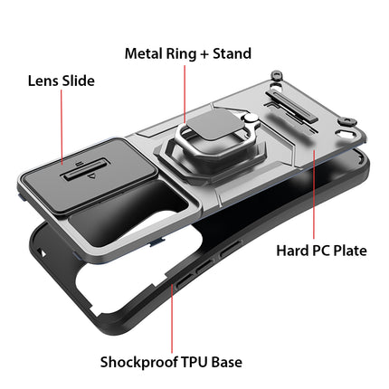 Kapa Armor Slider Back Cover for Oppo Reno 12 Pro (5G) | Inbuilt Ring + Camera Slider Shockproof Lens Protection Bumper Back Case (Grey)