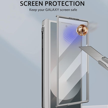 Kapa Geometric S Pen Holder Hinge Protection Back Cover for Samsung Galaxy Z Fold6 / Fold 6 | Slim Shock proof Case with Inbuilt Glass & S Pen Slot (Silver)