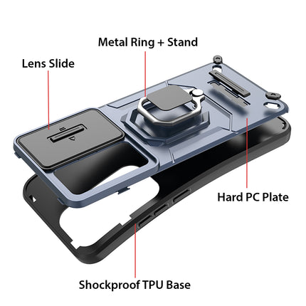Kapa Armor Slider Back Cover for Oppo Reno 12 Pro (5G) | Inbuilt Ring + Camera Slider Shockproof Lens Protection Bumper Back Case (Blue)