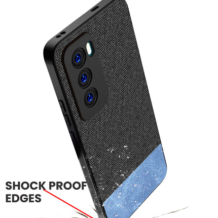 Kapa Soft Fabric & Leather Hybrid Protective Back Cover for Oppo Reno 12 (5G) | Shockproof Slim Hard Anti Slip Back Case (Black,Blue) - Mobizang