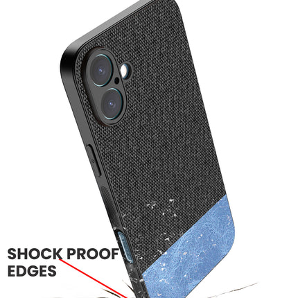 Kapa Soft Fabric & Leather Hybrid Protective Back Cover for Apple iPhone 16 | Shockproof Slim Hard Anti Slip Back Case (Black,Blue)