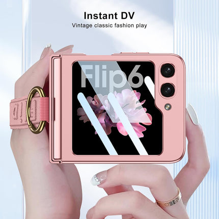 Kapa Shockproof Band Protective Back Cover for Flip6 / Z Flip 6 | Wrist Strap Ring Kickstand Inbuilt Screen Tempered Glass Case (Pink)