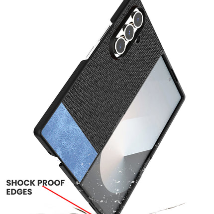 Kapa Soft Fabric & Leather Hybrid Protective Back Cover for Samsung Galaxy Z Fold 7 | Shockproof Slim Hard Anti Slip Back Case (Black,Blue) - Mobizang