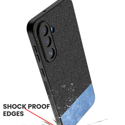 Kapa Soft Fabric & Leather Hybrid Protective Back Cover for Samsung Galaxy M56 | Shockproof Slim Hard Anti Slip Back Case (Black,Blue) - Mobizang