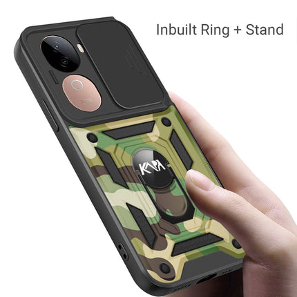 Kapa Tank Back Cover for Vivo V40E / IQOO Z9S | Inbuilt Ring + Slider Shockproof Lens Protection Bumper Back Case (Green)