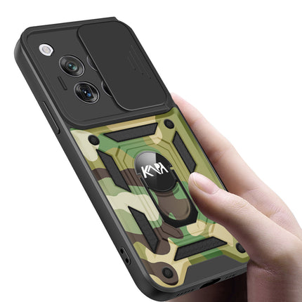 Kapa Tank Back Cover for OnePlus 12R | Inbuilt Ring + Slider Shockproof Lens Protection Bumper Back Case (Green) - Mobizang