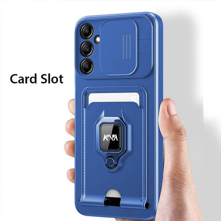 Kapa Bisen Back Cover for Samsung Galaxy S24 FE | Inbuilt Camera Slider Ring Stand and Card Pocket Shockproof Slim Bumper Back Case (Blue)