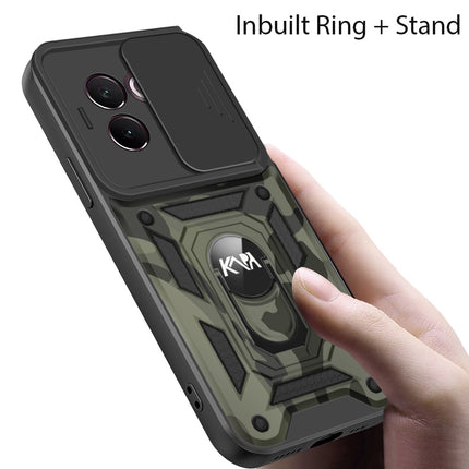 Kapa Tank Back Cover for Vivo V30E (5G) | Inbuilt Ring + Slider Shockproof Lens Protection Bumper Back Case (Black)