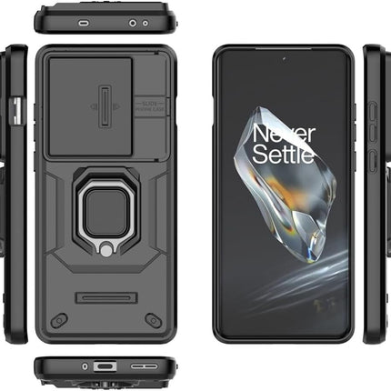 Kapa Armor Slider Back Cover for OnePlus 12R | Inbuilt Ring + Camera Slider Shockproof Lens Protection Bumper Back Case (Black) - Mobizang