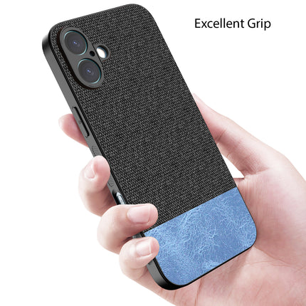 Kapa Soft Fabric & Leather Hybrid Protective Back Cover for Apple iPhone 16 | Shockproof Slim Hard Anti Slip Back Case (Black,Blue)