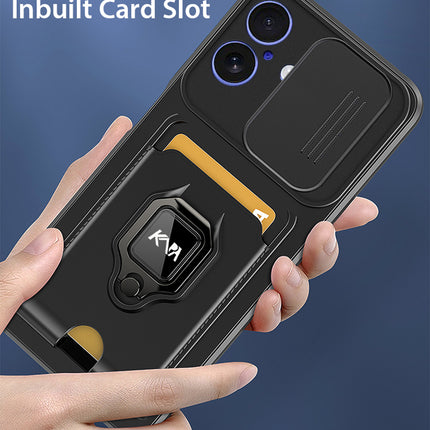 Kapa Bisen Back Cover for Apple iPhone 17 | Inbuilt Camera Slider Ring Stand and Card Pocket Shockproof Slim Bumper Back Case (Black) - Mobizang