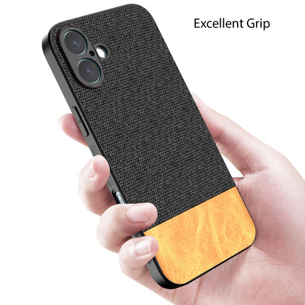 Kapa Soft Fabric & Leather Hybrid Protective Back Cover for Apple iPhone 16 Plus | Shockproof Slim Hard Anti Slip Back Case (Black,Brown)
